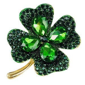 Brooch Four Leaf Clover Shamrock Green Rhinestone Crystals Gold Tone